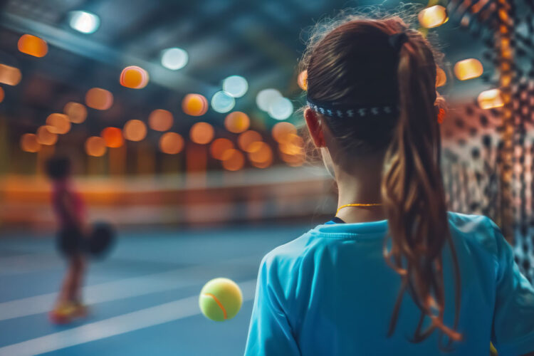 Rear view of a young girl playing pickleball in an indoor court,